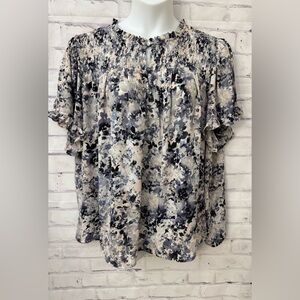 Rose + Olive Plus 3X Blue‎ Smocked Neck Blouse Top Popover Cottagecore Tunic